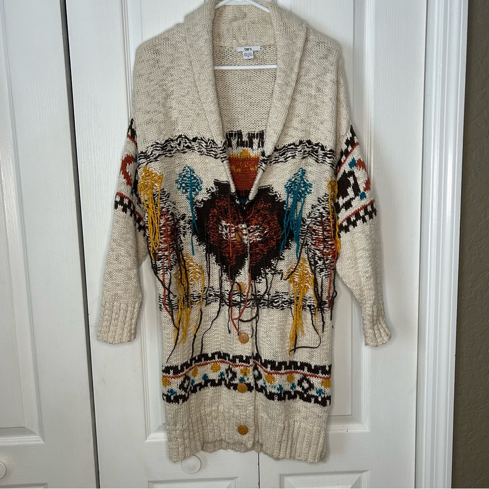 Bershka Cream Knit Fringe Heart Cardigan Sweater